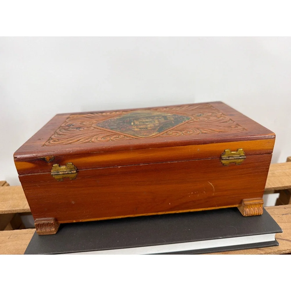 Vintage Cedar Wood Jewelry Box Hand Carved Cottage Landscape Keepsake Chest
